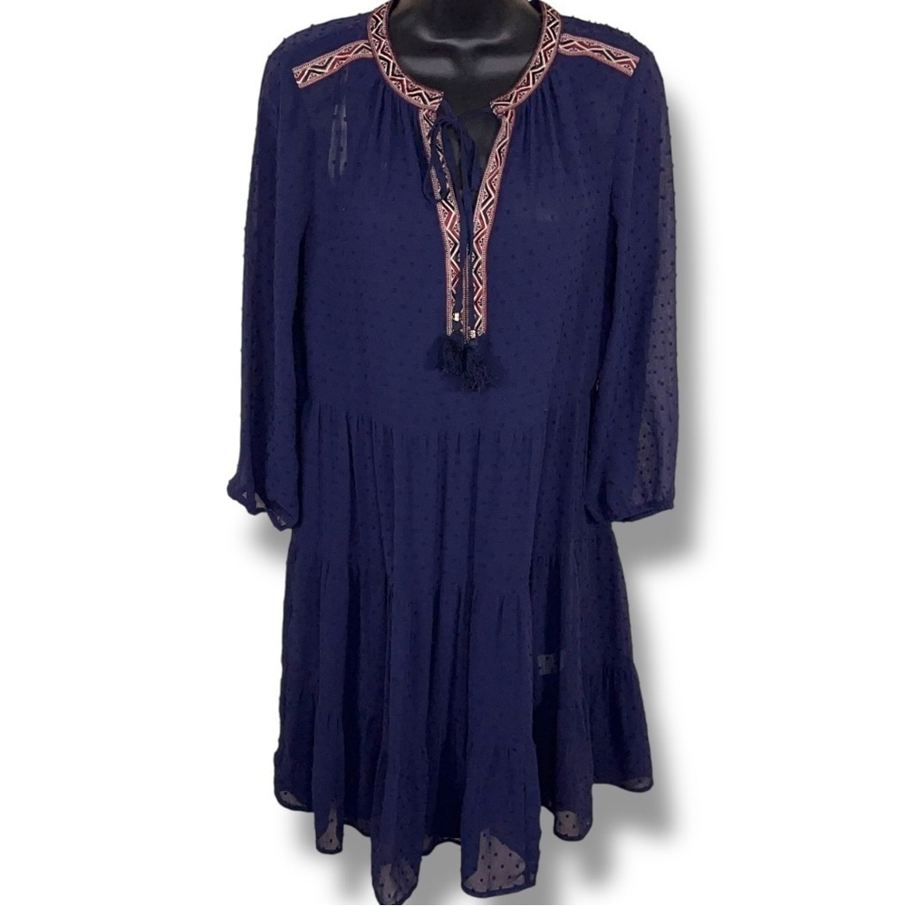 Small Daniel Rainn Blue Dress Boho Peasant Long Sleeve Embroidered Accent Lined